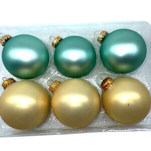 6 Vintage Krebs Glass Ball Ornament Gold Blue Green Mint Chiffon Matte 2.5" Xmas